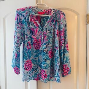 Lilly Pulitzer Blue & Pink Floral Long-Sleeve Blouse
